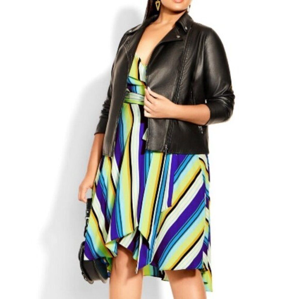 City Chic Women's Flowy Hi-Lo Wrap Striped Mini Dress Evening PartyBlue